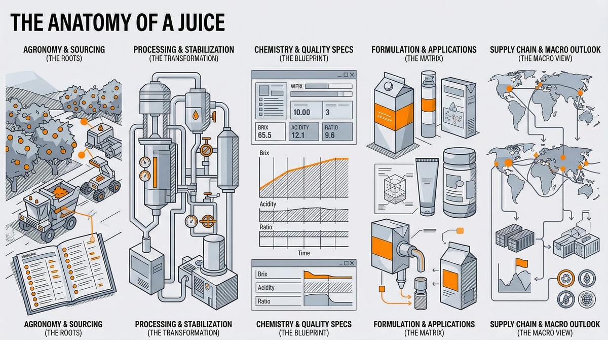 Abstract visualization of the anatomy of a juice, from seed to glass, published by ectus