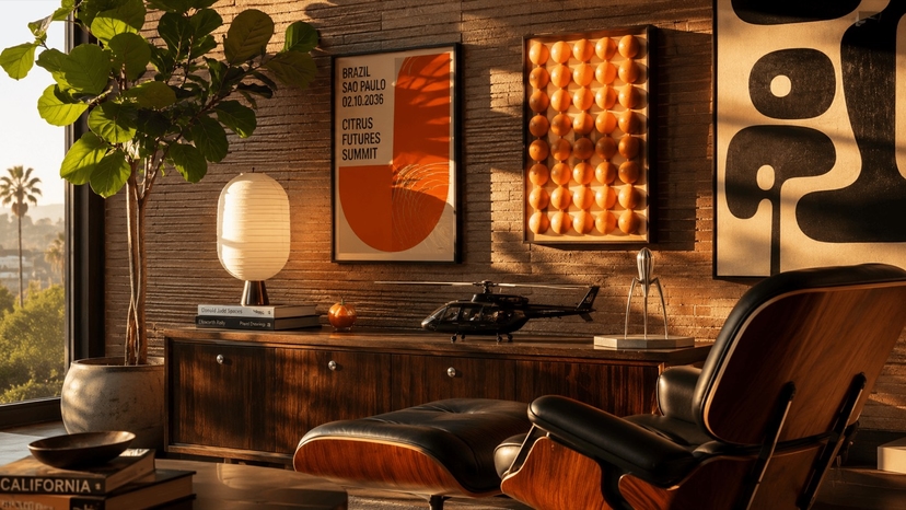 A sunlit study with citrus artwork and a Citrus Futures Summit poster on the wall